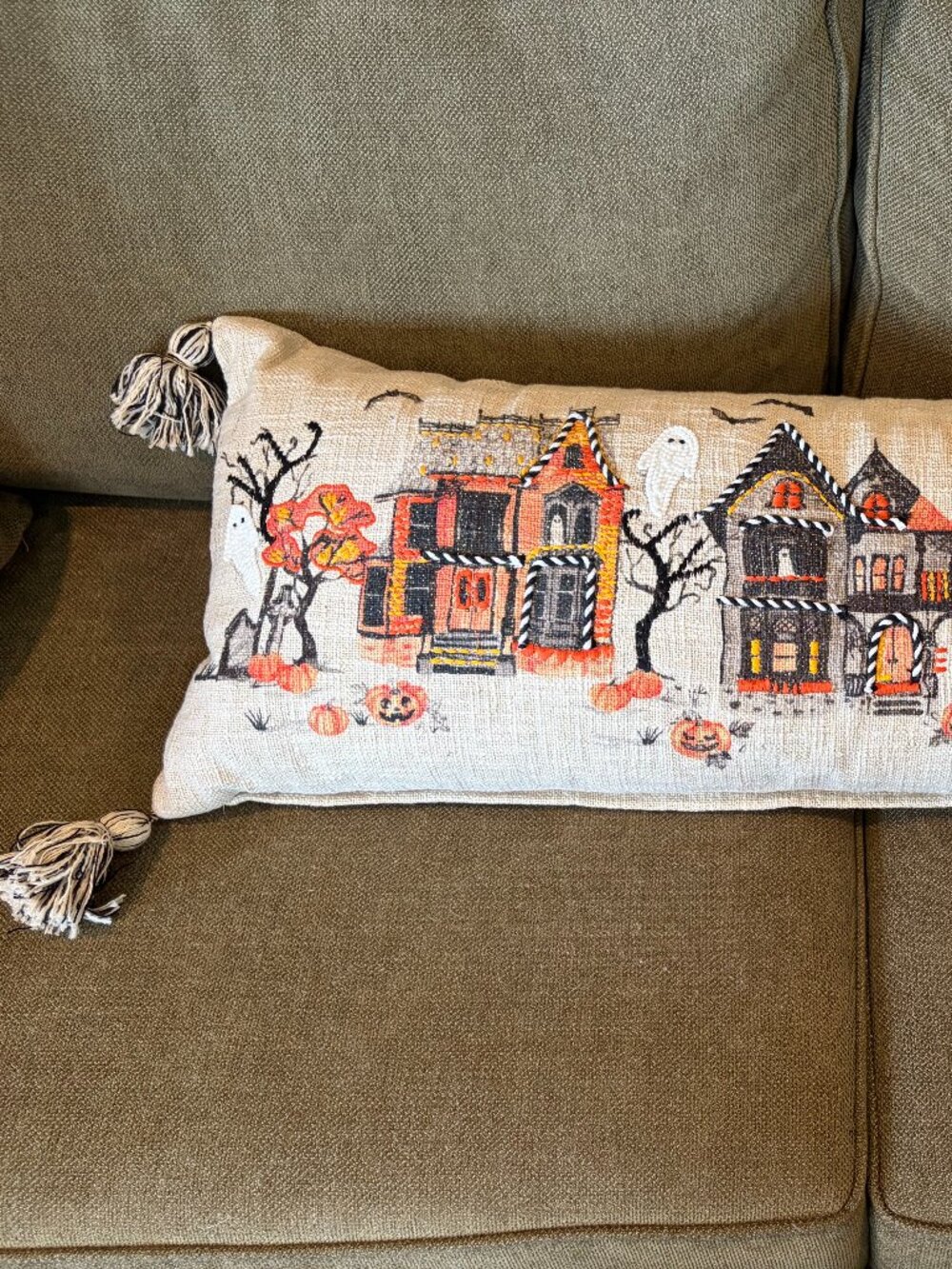 Cynthia Rowley Embroidered Halloween Village Lumbar Pillow